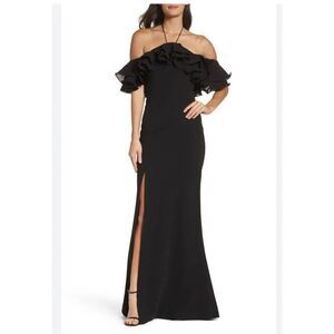 C/meo collective black immerse ruffle off the shoulder halter gown size small